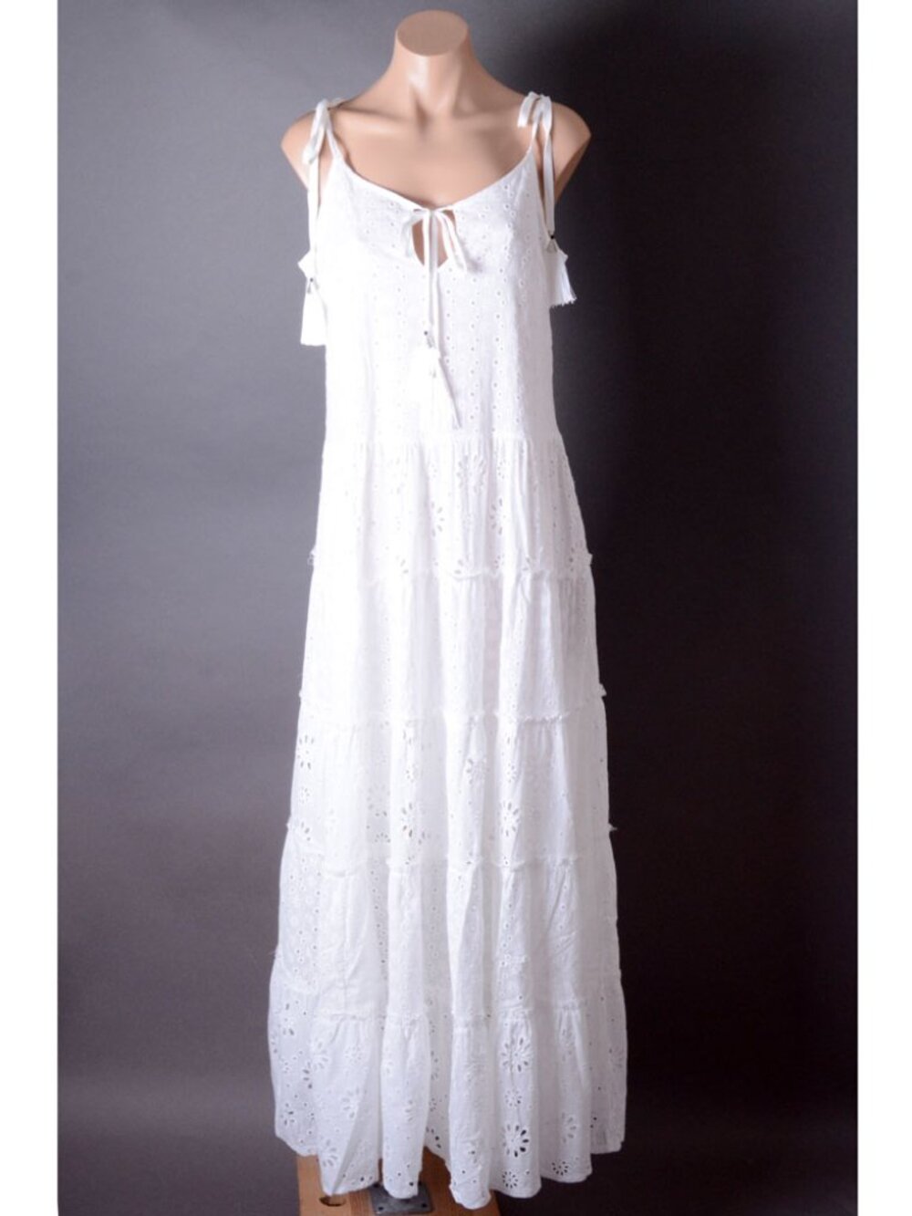 White Tiered Crochet Eyelet Fringe Bohemian Sleeveless Bow Summer Long Dress - Picture 6 of 11